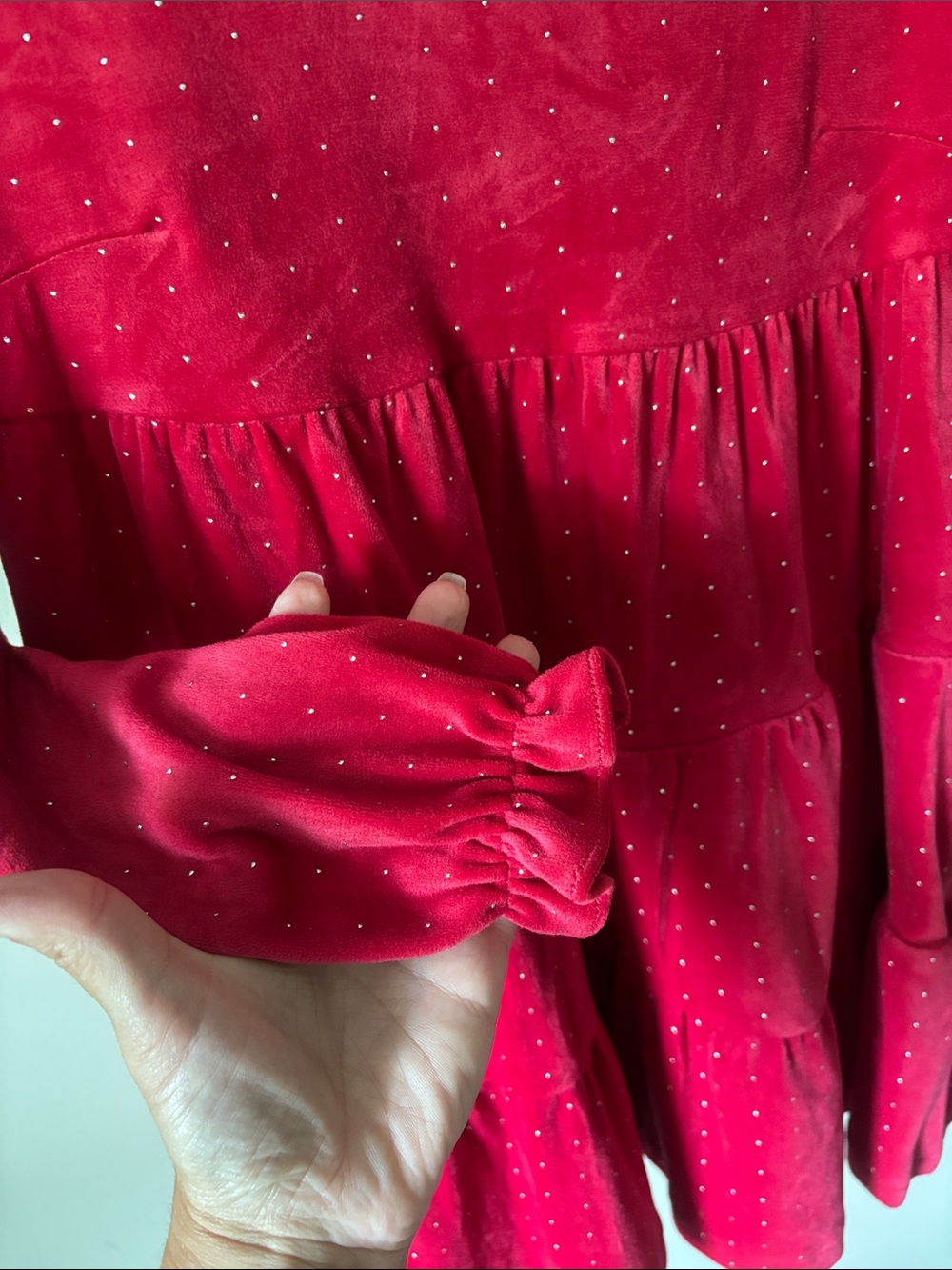 Tahari Girls' Red Velvet Tiered Dress with Silver Dots - Picture 5 of 7